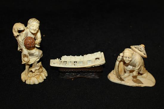 2 Japanese ivory figures and canton ivory model of a boat